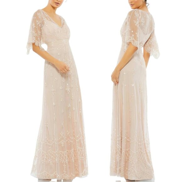 NWT MAC‎ DUGGAL SZ 8 SEQUIN BLUSH PINK FLUFFTER SLEEVE LONG DRESS 9144 - Picture 1 of 9